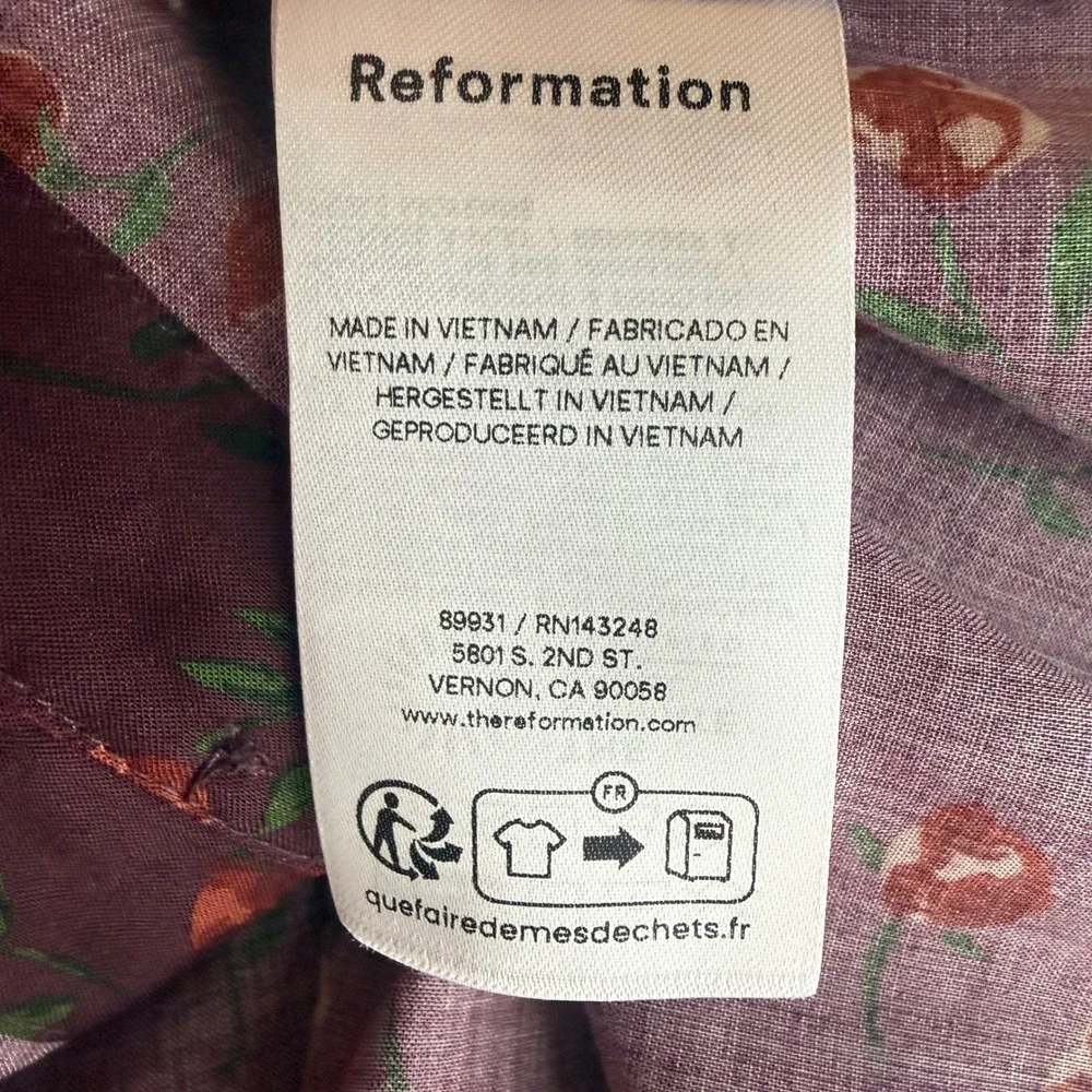 Reformation Calia Burgundy Rose Floral Top Size Small Pintuck Puff Sleeve Button